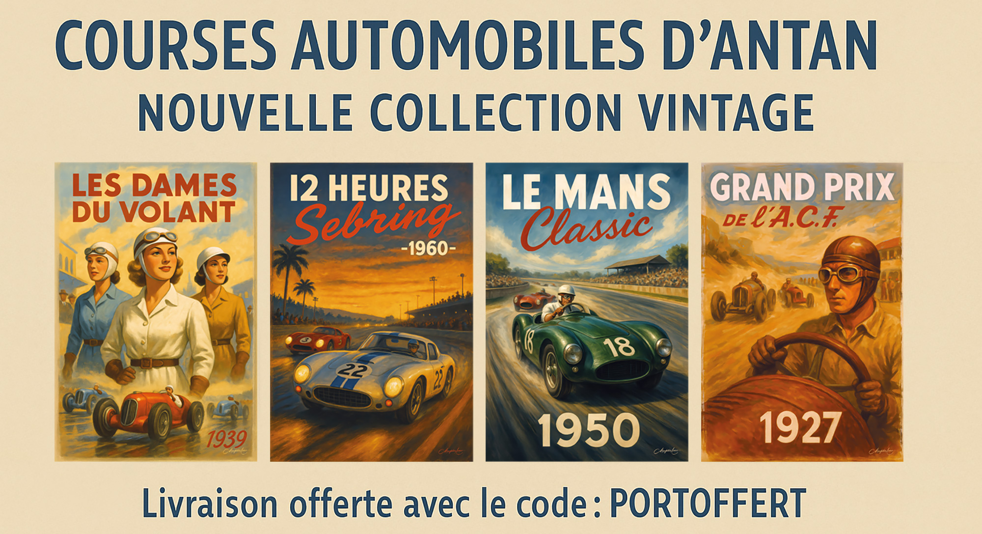 Visuel présentant un échantillon des créations de la collection Courses automobiles d'antan