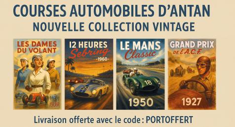 Visuel présentant un échantillon des créations de la collection Courses automobiles d'antan