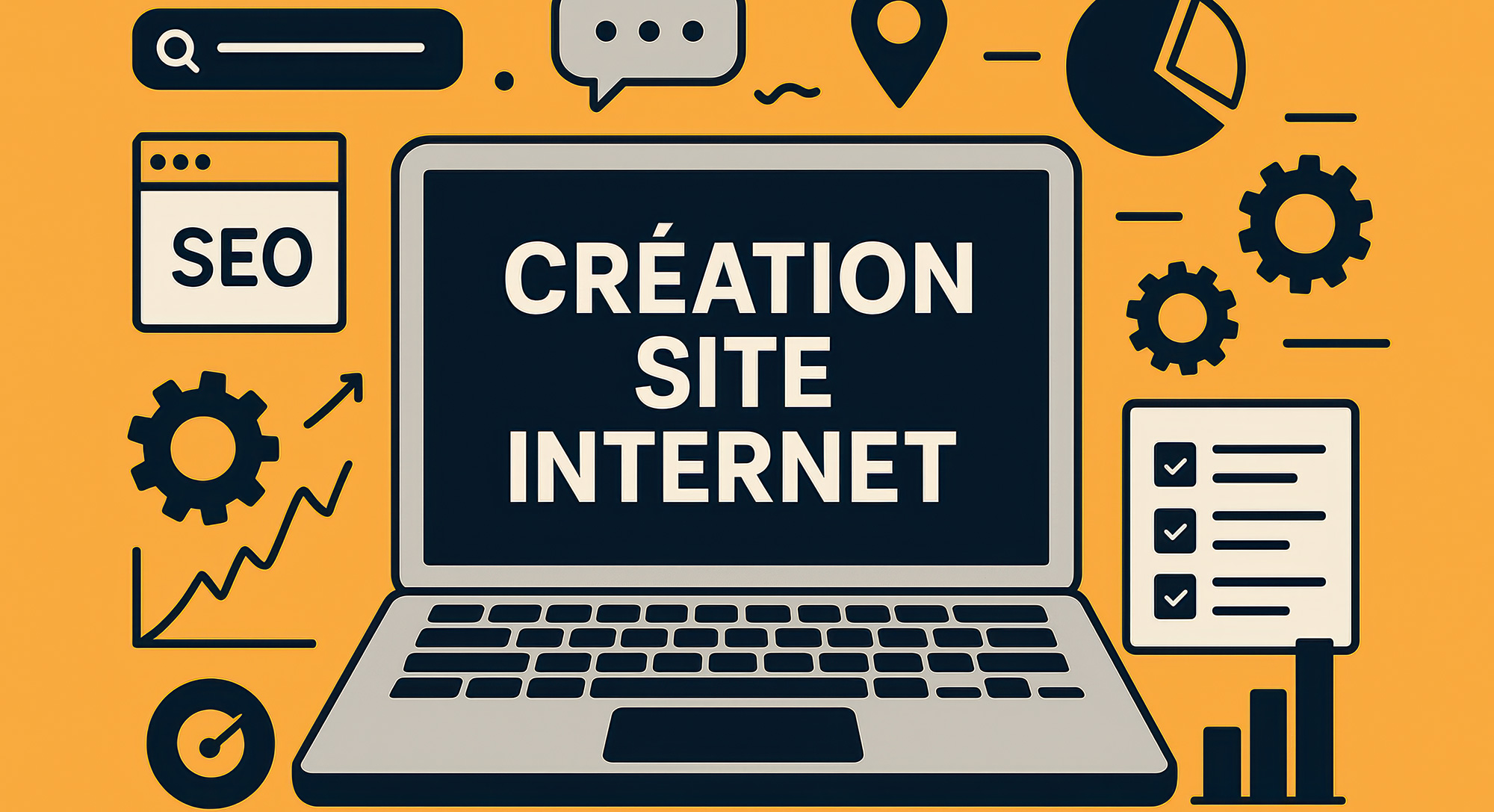 Illustration digitale représentant un ordinateur portable avec l’inscription Création site internet, entouré d’icônes liées au SEO, au marketing digital et à la conception web, sur fond orange – visuel réalisé pour l’Agence Easy à Saint-Rémy-de-Provence