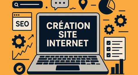 Illustration digitale représentant un ordinateur portable avec l’inscription Création site internet, entouré d’icônes liées au SEO, au marketing digital et à la conception web, sur fond orange – visuel réalisé pour l’Agence Easy à Saint-Rémy-de-Provence