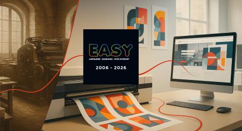 Illustration symbolique des 20 ans de l’Agence Easy à Saint-Rémy-de-Provence, représentant l’évolution de l’imprimerie traditionnelle vers la communication digitale.