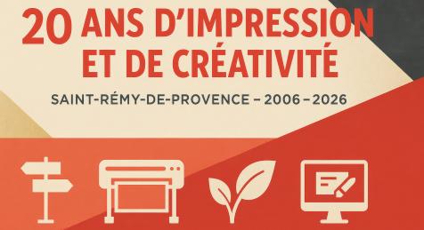 20 ans d’impression et de créativité – bannière graphique de l’Agence Easy à Saint-Rémy-de-Provence illustrant l’innovation locale et la signalétique éco-responsable.