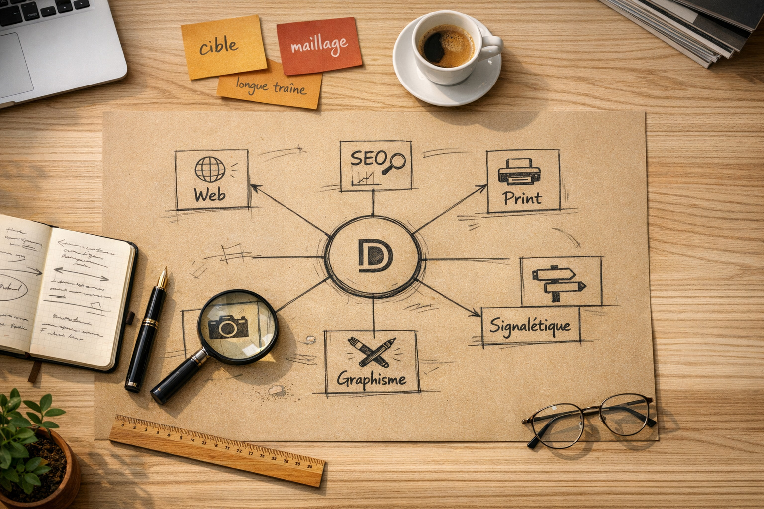 Schéma stratégique de site web avec maillage SEO dessiné à la main sur feuille kraft entouré d’outils de travail