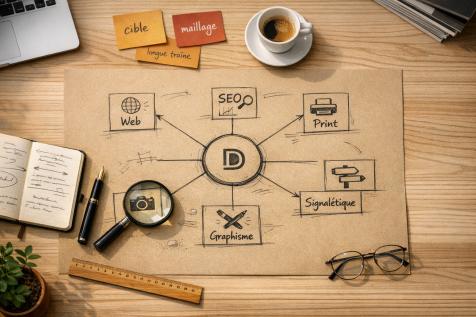 Schéma stratégique de site web avec maillage SEO dessiné à la main sur feuille kraft entouré d’outils de travail